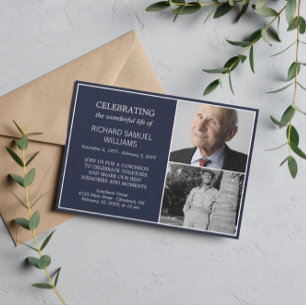 Navy Minimal Celebrating Life 2 Photos Memorial Invitation