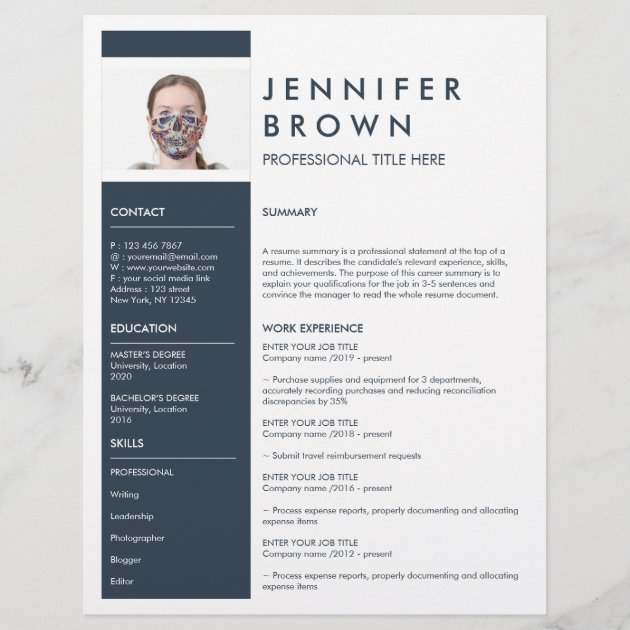 Navy Minimal resume cv with photography