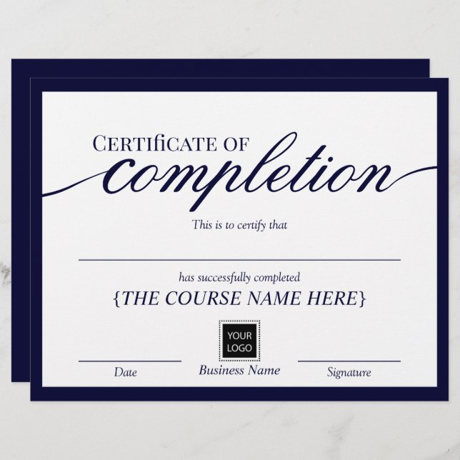 Navy Minimalist Certificate of Completion Award (Front/Back)