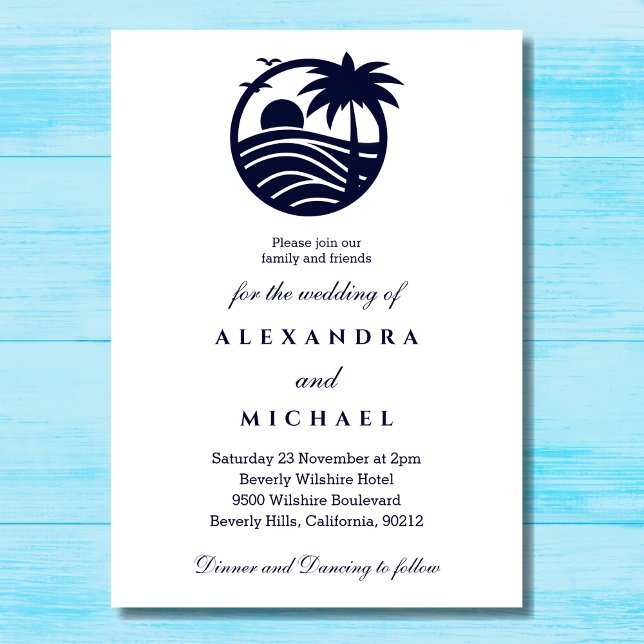 Navy Minimalist Palm Tree Coastal Wedding  Invitation (Creator Uploaded)