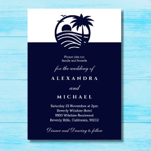 Navy Minimalist Palm Tree Coastal Wedding Invitation