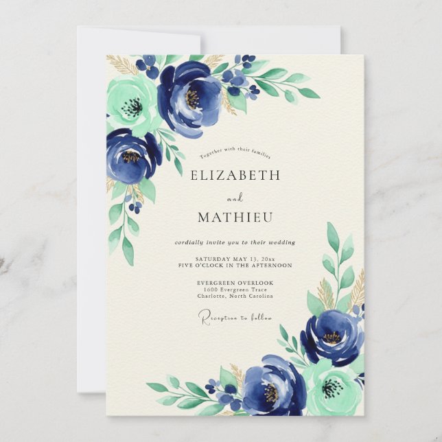 Navy Mint Botanical Bliss Wedding Invitation (Front)