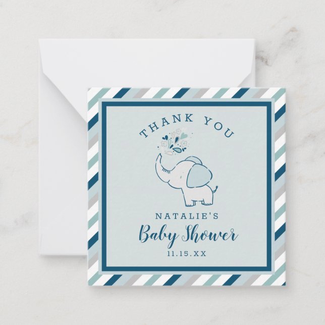 Navy & Mint Cute Elephant Baby Shower Thank You Note Card (Front)