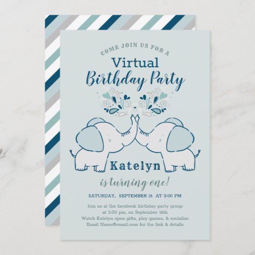 Navy  Mint Cute Elephant Virtual Birthday Party Invitation