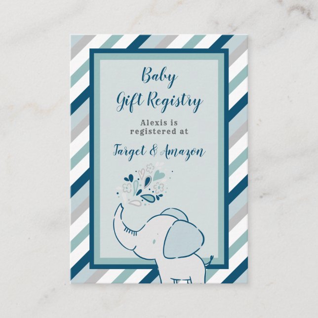 Navy & Mint Elephant Baby Shower Gift Registry Enclosure Card (Front)
