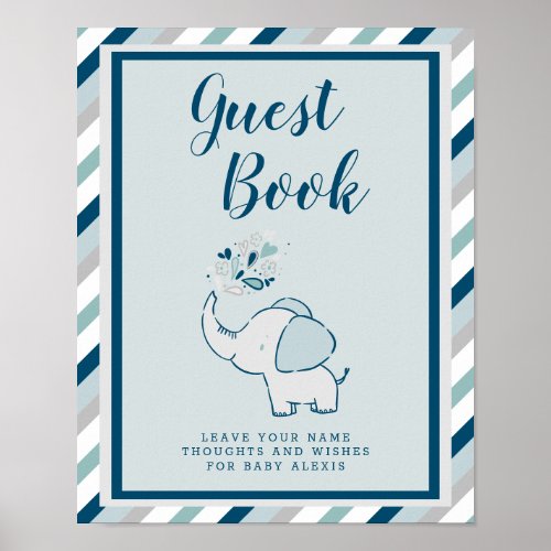 Navy  Mint Elephant Baby Shower Guest Book Sign