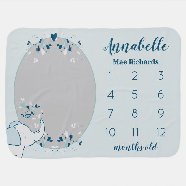 Navy & Mint Elephant Baby's First Year Milestone Baby Blanket (Horizontal)
