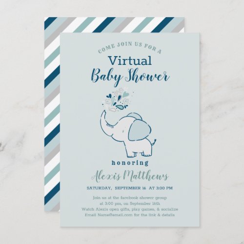 Navy  Mint Elephant Themed Virtual Baby Shower Invitation