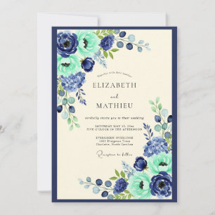 Navy Mint Floral Botanical Wedding Invitation