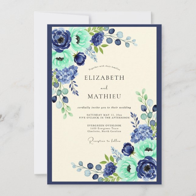 Navy Mint Floral Botanical Wedding Invitation (Front)