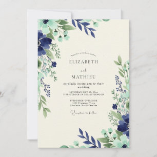 Navy Mint Fresh Botanical Wedding Invitation