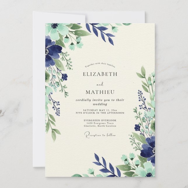 Navy Mint Fresh Botanical Wedding Invitation (Front)