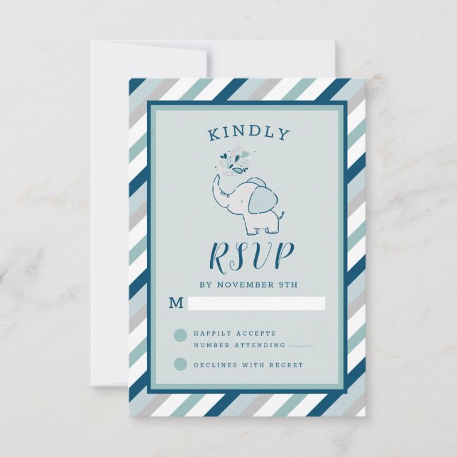 Navy Mint & Gray Cute Elephant Baby Girl RSVP (Front)