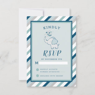 Navy Mint & Gray Cute Elephant Baby Girl RSVP Card