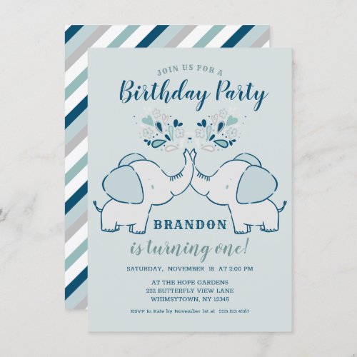 Navy  Mint Green Cute Elephants Birthday Party Invitation