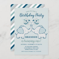 Navy & Mint Green Cute Elephants Birthday Party Invitation