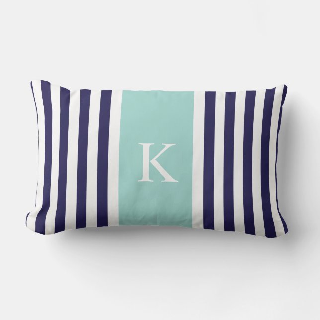 Navy Mint Green Stripes Monogram Lumbar Pillow (Front)