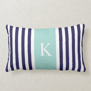 Navy Mint Green Stripes Monogram Lumbar Pillow