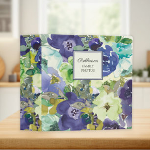 Navy Mint Green Watercolor Floral Family Photo 3 Ring Binder