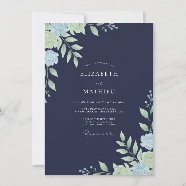 Navy Mint Leafy Wedding Invitation (Front)