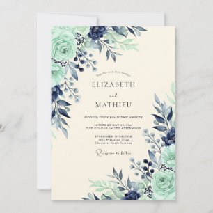 Navy Mint Lush Botanical Wedding Invitation