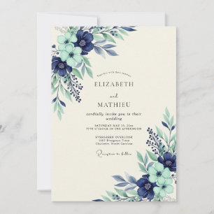Navy Mint Serene Botanical Wedding Invitation