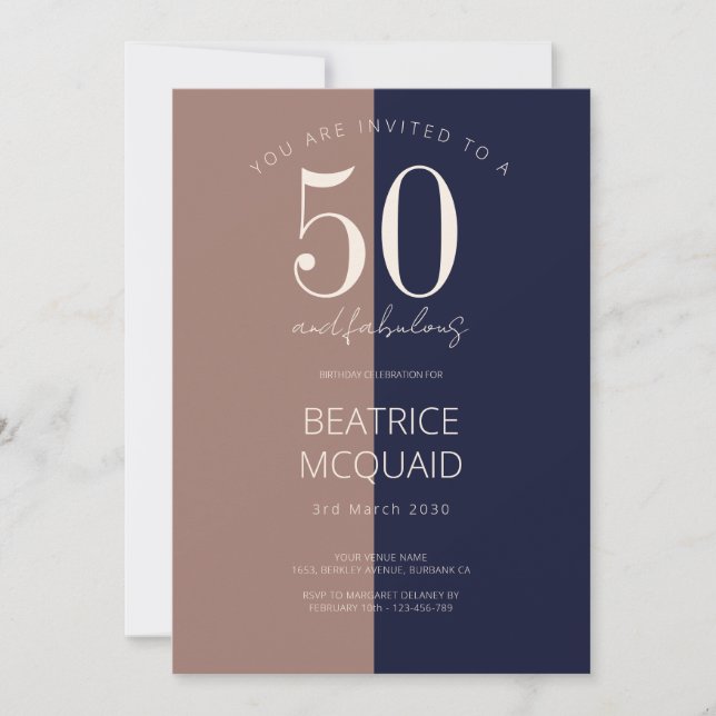 Navy & Mocha | 50 and Fabulous Birthday Party Invitation (Front)