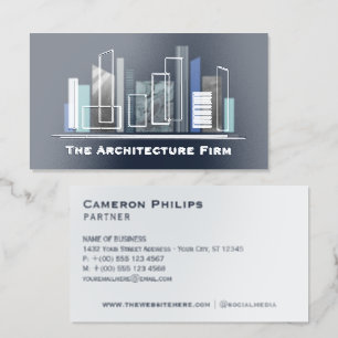 Navy Modern Abstract Urban Cityscape Architecture Foil Business Cards