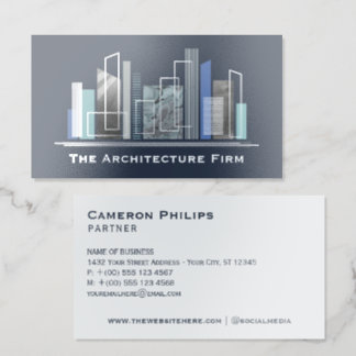 Navy Modern Abstract Urban Cityscape Architecture Foil Business Cards