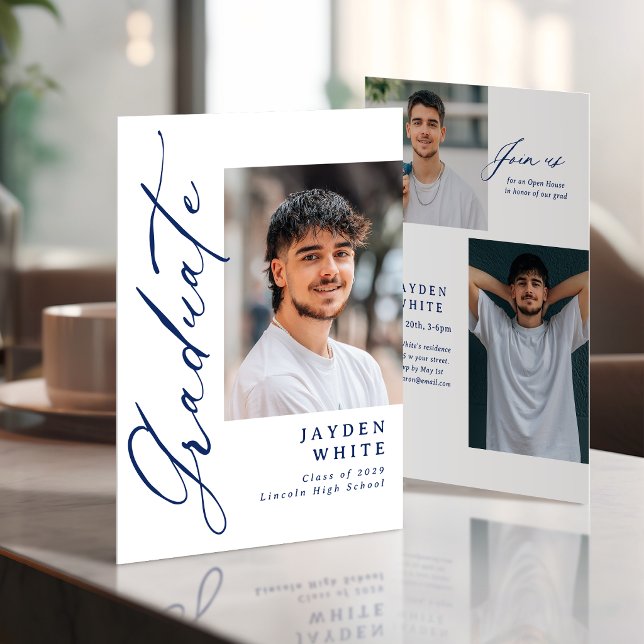 Navy Modern Calligraphy Photo Graduation Invitation (Navy Modern Calligraphy Photo Graduation Invitation)