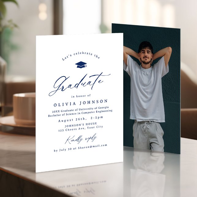 Navy Modern Calligraphy Simple Photo Graduation Invitation (Navy Modern Calligraphy Simple Photo Graduation Invitation)
