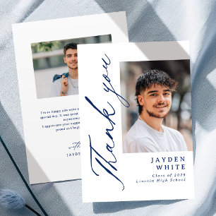 Navy Modern Calligraphy Simple Photo Graduation Thank You Card