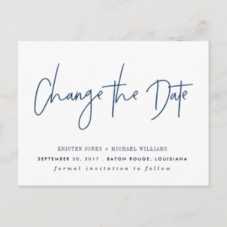 Navy Modern Change the Date Announcement Postcard