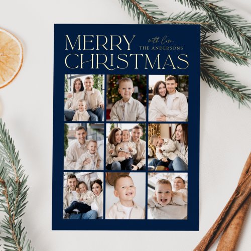 Navy Modern Christmas 9 Photo Collage Foil Holiday Card