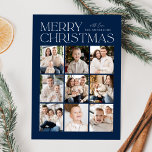 Navy Modern Christmas 9 Photo Collage Holiday Card<br><div class="desc">Modern Christmas photo card featuring "Merry Christmas" displayed at the top of the design in trendy white lettering with a navy background. A photo collage of 9 photos is shown below in a grid-style layout. Personalize the multi-photo Christmas card with your family name. The card reverses to display a navy...</div>