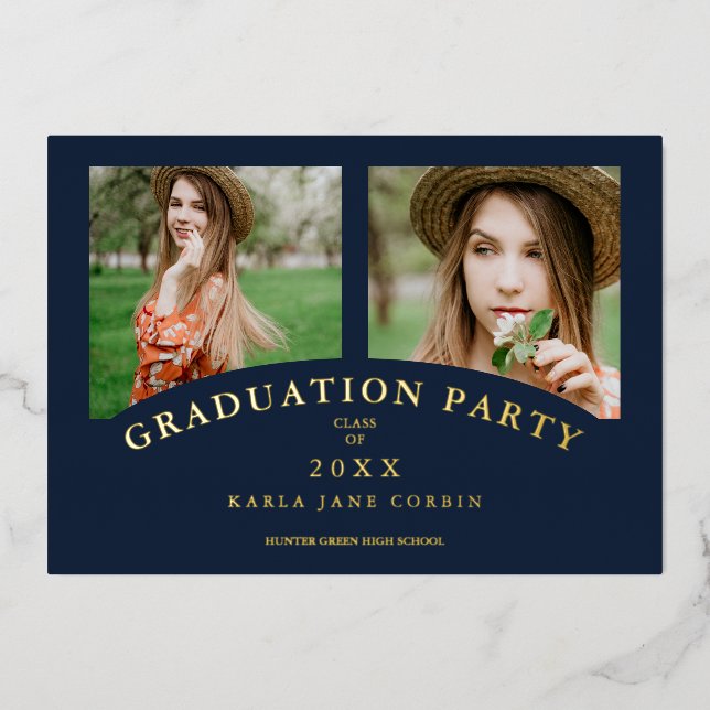 Navy Modern Elegant Chic Graduation Party 2 Photos Foil Invitation (Front)