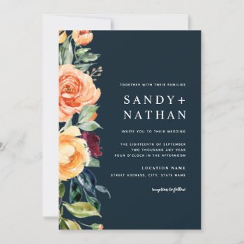 Navy Modern Floral Blossoms Wedding Invitation by LittleBayleigh at Zazzle