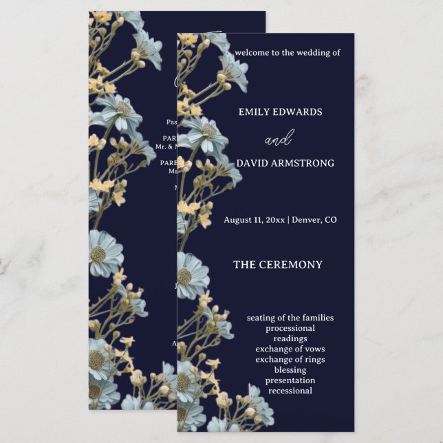 Navy Modern Floral Simple Wedding Program (Front/Back)