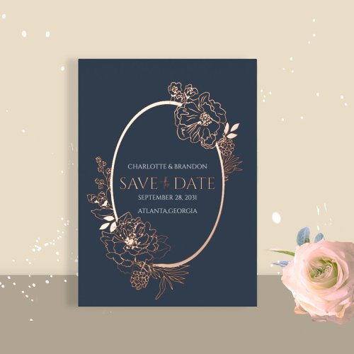 Navy Modern Floral Sketch Oval Save the Date  Foil Invitation