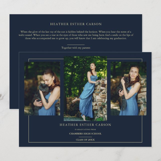 Navy Modern Gold 3 Photos Sophisticated Graduation Invitation (Front/Back)