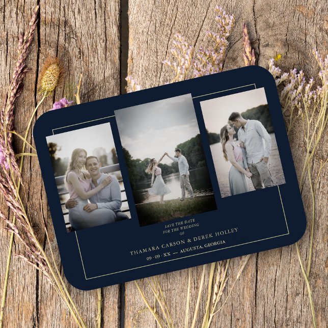 Navy Modern Gold 3 Photos Sophisticated Wedding Magnet (Creator Uploaded)