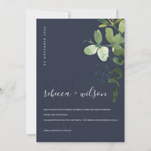NAVY MODERN GREEN EUCALYPTUS FOLIAGE WATERCOLOR SAVE THE DATE
