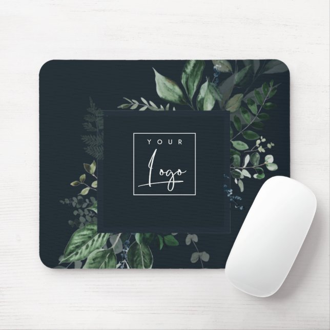 Navy Modern Green Leafy Tropical Foliage Fern Logo Mouse Pad (With Mouse)
