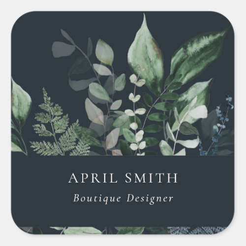 Navy Modern Green Leafy Tropical Foliage Fern Square Sticker