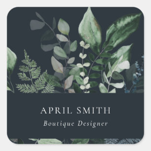 Navy Modern Green Leafy Tropical Foliage Fern Square Sticker