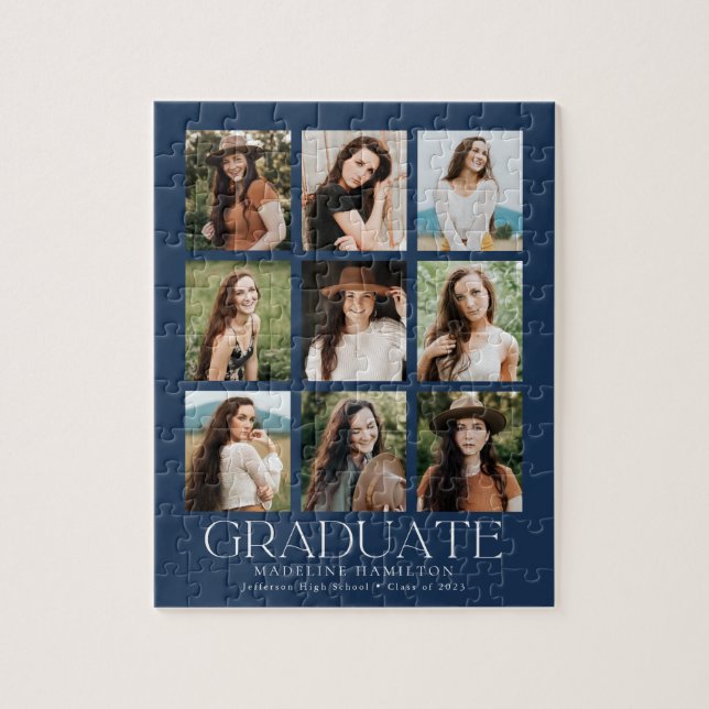 Navy Modern Grid 9 Photo Collage Graduation Jigsaw Puzzle (Vertical)