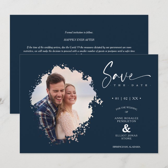 Navy Modern Grunge Ink Effect Photo Engaged Couple Save The Date (Front/Back)