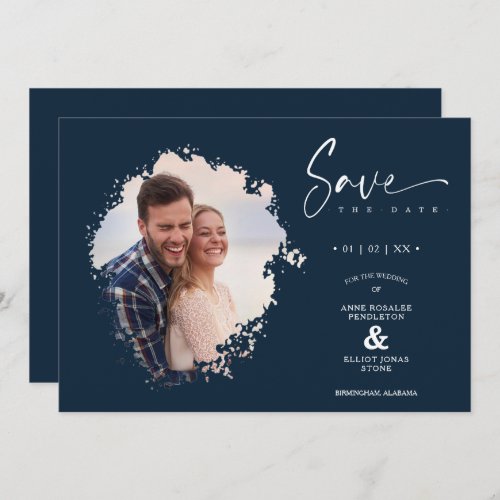 Navy Modern Grunge Ink Effect Photo Engaged Couple Save The Date