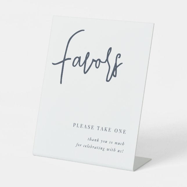 Navy | Modern Handwritten Script Wedding Favors Pedestal Sign (Front)