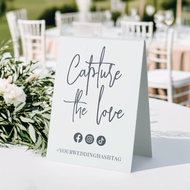 Navy | Modern Handwritten Script Wedding Hashtag Table Tent (Creator Uploaded)